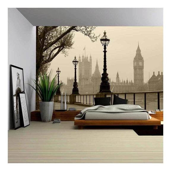 wall26 - Big Ben Houses of Parliament, London in Fog - Removable Wall Mural | Self-Adhesive Large Wallpaper - 66x96 inches