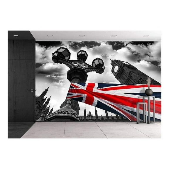 wall26 - Big Ben with Flag of England, London, UK - Removable Wall Mural | Self-Adhesive Large Wallpaper - 100x144 inches
