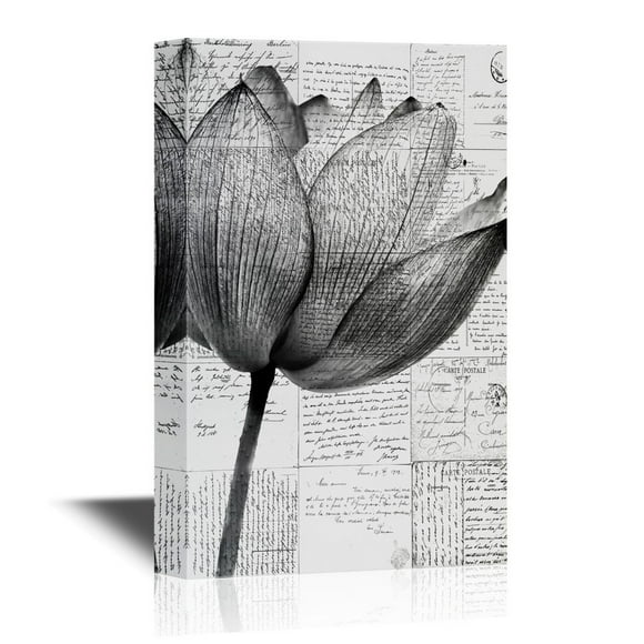wall26 Black and White Canvas Wall Art - Lotus Flower with Retro Style Letters Background - Gallery Wrap Modern Home Art | Ready to Hang - 12x18 inches