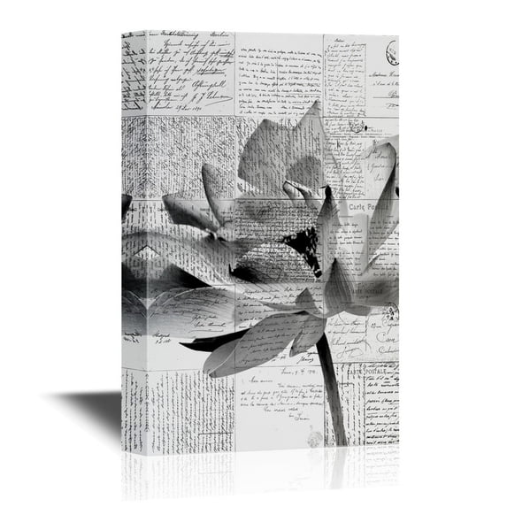 wall26 Black and White Canvas Wall Art - Lotus Flower on Vintage Letters Background - Gallery Wrap Modern Home Art | Ready to Hang - 24x36 inches