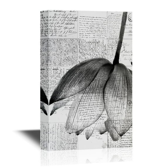 wall26 Black and White Canvas Wall Art - Lotus Flower with Retro Style Background - Gallery Wrap Modern Home Art | Ready to Hang - 24x36 inches