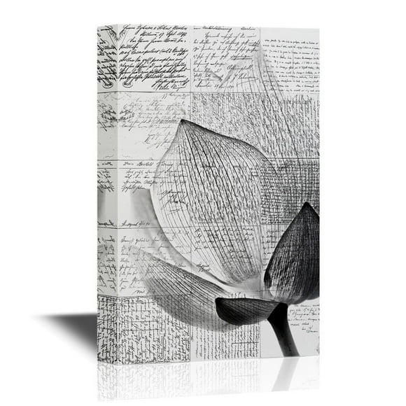 wall26 Black and White Canvas Wall Art - Lotus Petal on Vintage Flower Background - Gallery Wrap Modern Home Art | Ready to Hang - 16x24 inches