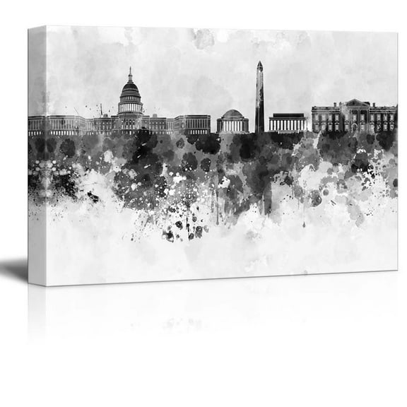 wall26 - Black and White City of Washington DC with Watercolor Splotches - Canvas Art Home Art - 24x36 inches