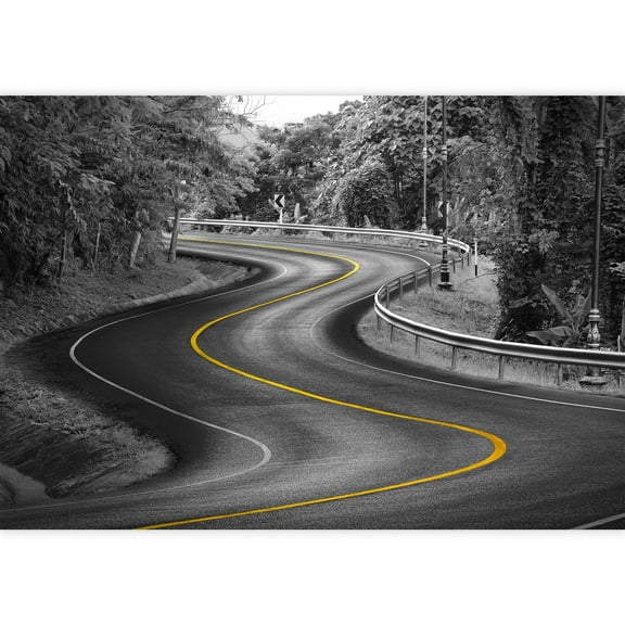 wall26 - Black and White Curve Way of Asphalt Road in Nature with Yellow Line - Removable Wall Mural | Self-Adhesive Large Wallpaper - 100x144 inches
