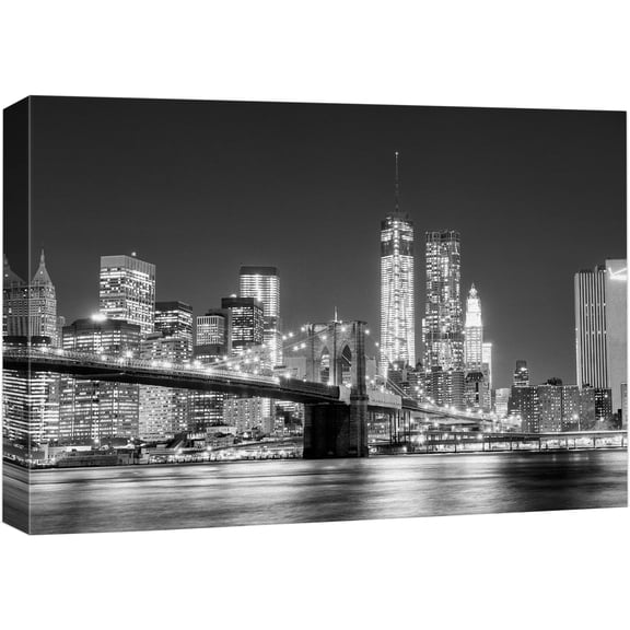 wall26 Black and White Manhattan Skyline and Brooklyn Bridge - Canvas Art Home Art - 24x36 inches