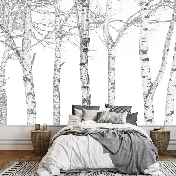wall26 - Black and White Outline of Aspen Trees - Wall Mural, Removable Sticker, Home Decor - 100x144 inches
