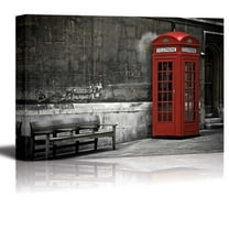 wall26 - Black and White Photograph with Pop of Color on a Red Telephone Booth in London - Canvas Art Home Art - 16x24 inches