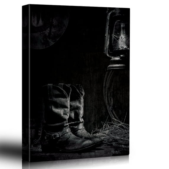 wall26 - Black and White Vintage Styled Portrait of Cowboy Boots and a Lantern - Canvas Art Home Art - 32x48 inches