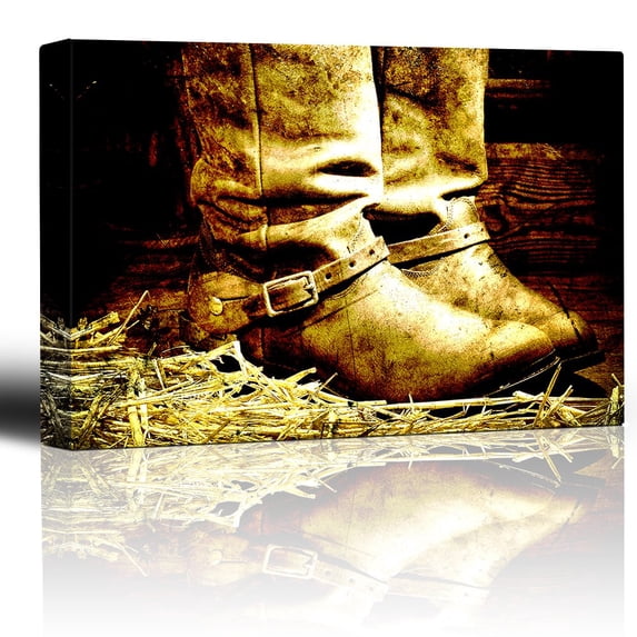 wall26 - Boots on Straw in barn - Country and Western Art - Canvas Art Home Art - 24x36 inches