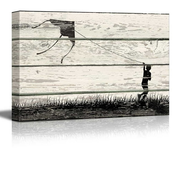 wall26 - Boy Flying a Kite in Silhouett Artworke- Rustic Canvas Wall Art Home Art - 32x48 inches