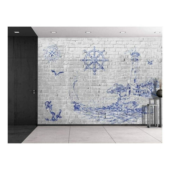wall26 - Brickwall Withe Sketches of a Lighthouse, Compass, and a Wheel - Wall Mural, Removable Sticker, Home Decor - 100x144 inches