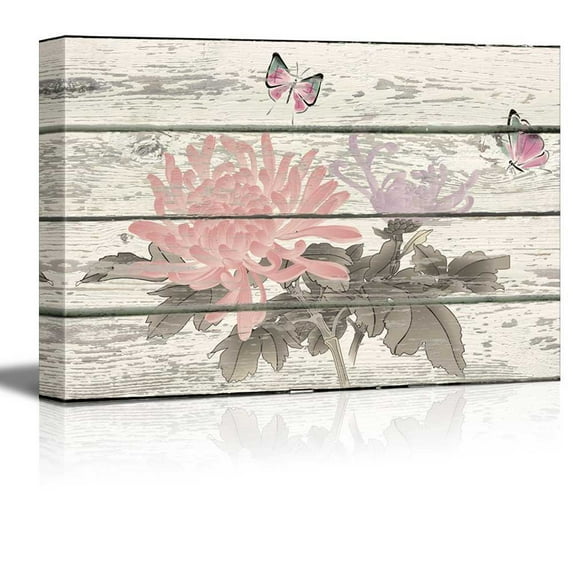 wall26 - Butterflies and Flowers Pink and Blue Artwork - Rustic Canvas Wall Art Home Art - 16x24 inches