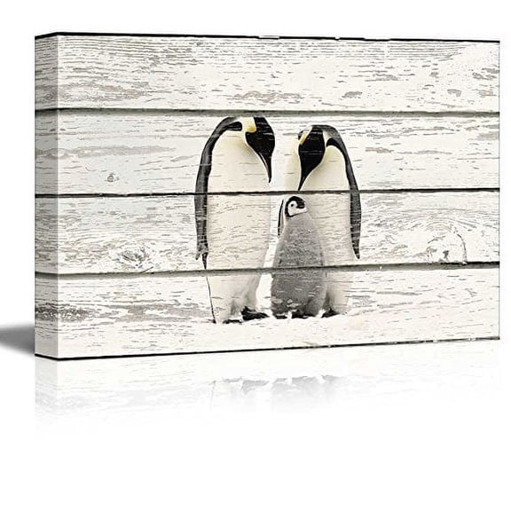 wall26 Canvas Print Wall Art Arctic Penguin Family Animals Wildlife Wood Panels Photography Rustic Scenic Colorful Multicolor Cool Zen for Living Room, Bedroom, Office - 12"x18"