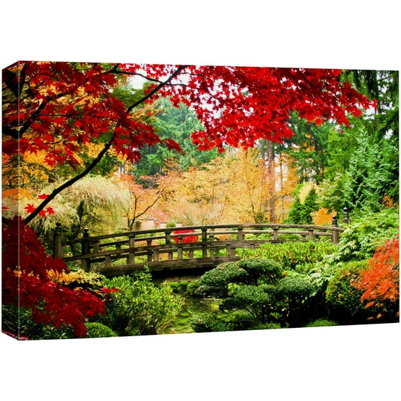 wall26 Canvas Print Wall Art Asian Style Bridge in Autumn Fall Forest Nature Wilderness Photography Modern Art Rustic Scenic Colorful Multicolor for Living Room, Bedroom, Office - 24"x36"