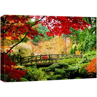 wall26 Canvas Print Wall Art Asian Style Bridge in Autumn Fall Forest Nature Wilderness Photography Modern Art Rustic Scenic Colorful Multicolor for Living Room, Bedroom, Office - 24&quot;x36&quot;