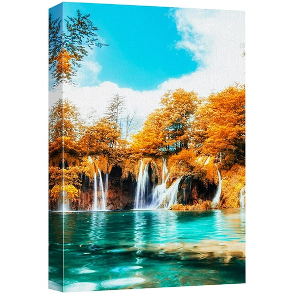 wall26 Canvas Print Wall Art Autumn Orange Tree Forest Waterfall Lake Nature Wilderness Photography Realism Decorative Landscape Relax/Calm Zen Multicolor for Living Room, Bedroom, Office - 12"x
