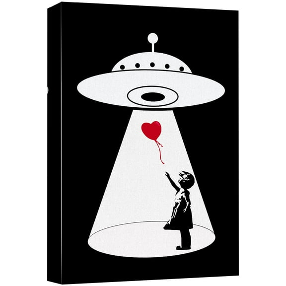 wall26 Canvas Print Wall Art Banksy Girl Alien UFO Abduction Silhouette Kids Sci-Fi &amp; Fantasy Digital Art Pop Art Decorative Scenic Funny Black and White for Living Room, Bedroom, Office - 12&quo