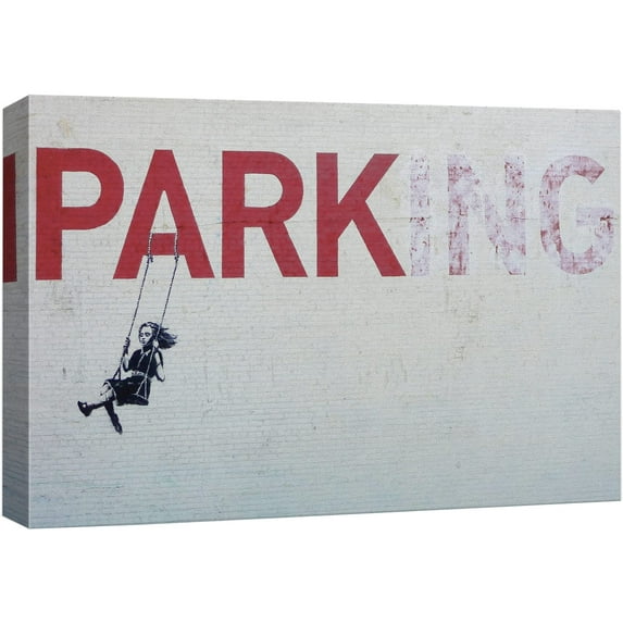 wall26 Canvas Print Wall Art Banksy Little Girl on Swing Below Parking Sign Graffiti & Street Art Pop Culture Illustrations Pop Art Bohemian Multicolor Dark for Living Room, Bedroom, Office - 16&