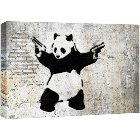 wall26 Canvas Print Wall Art Banksy Panda with Handguns on Wall Cities Animals Digital Art Modern Art Chic Scenic Expressive Dark Black and White for Living Room, Bedroom, Office - 12"x18"