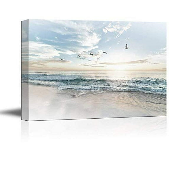 wall26 Canvas Print Wall Art Birds Take Flight Over Coastal Beach Landscape Nature Wilderness Photography Realism Rustic Scenic Colorful Multicolor for Living Room, Bedroom, Office - 24"x36&quot