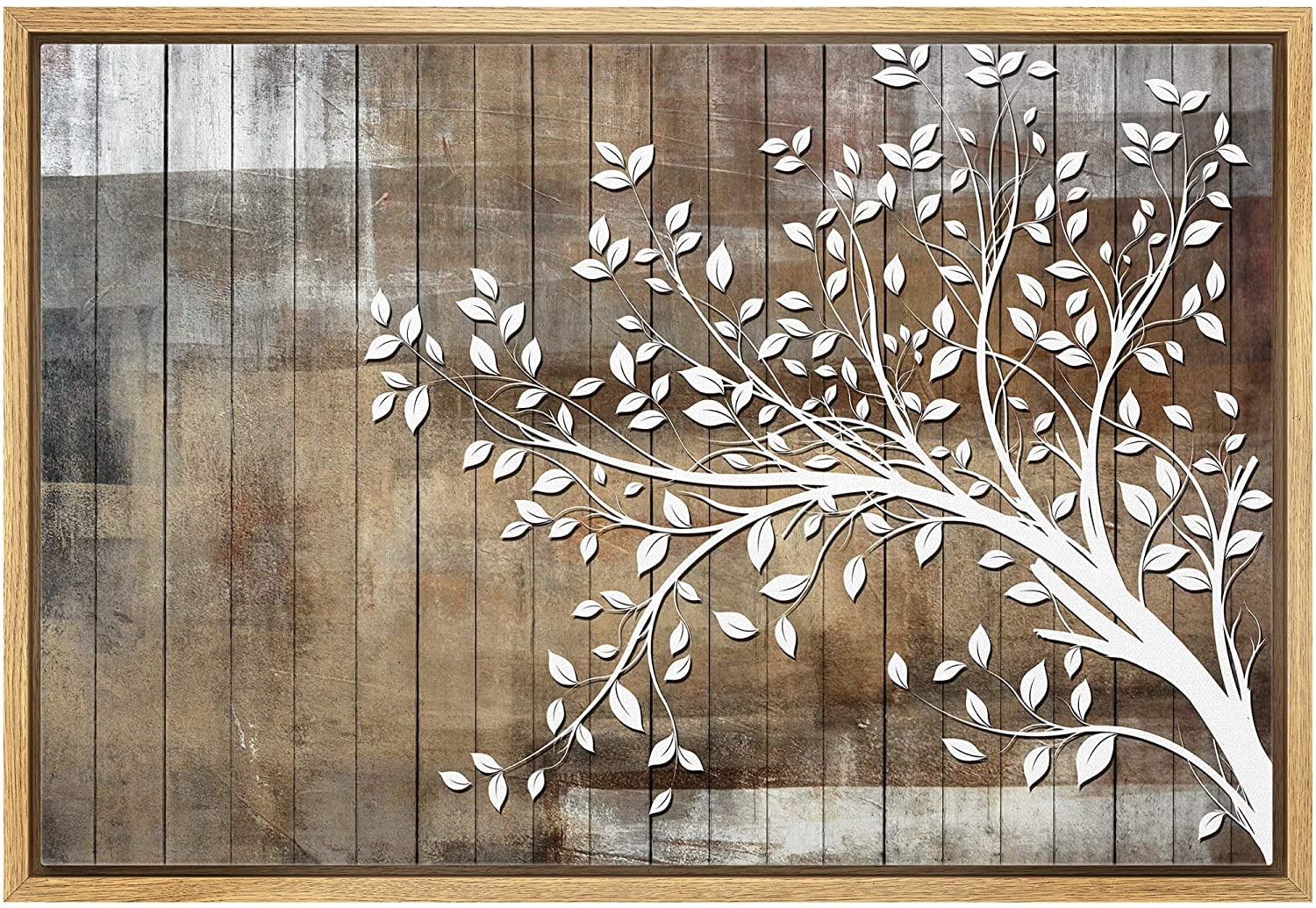 White Tree Branch on Rustic Wood Effect Canvas Print