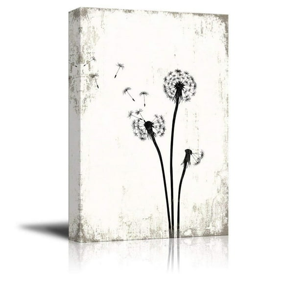 wall26 Canvas Print Wall Art Black & White Grunge Dandelion Flower Set Nature Plants Digital Art Modern Art Rustic Dramatic Dark Duotone for Living Room, Bedroom, Office - 12"x18"