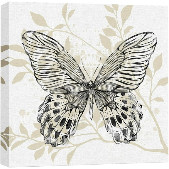 wall26 Canvas Print Wall Art Black, White &amp; Tan Butterfly with Leaves Insects Nature Illustrations Modern Art Rustic Scenic Colorful Farmhouse/Country for Living Room, Bedroom, Office - 12"x