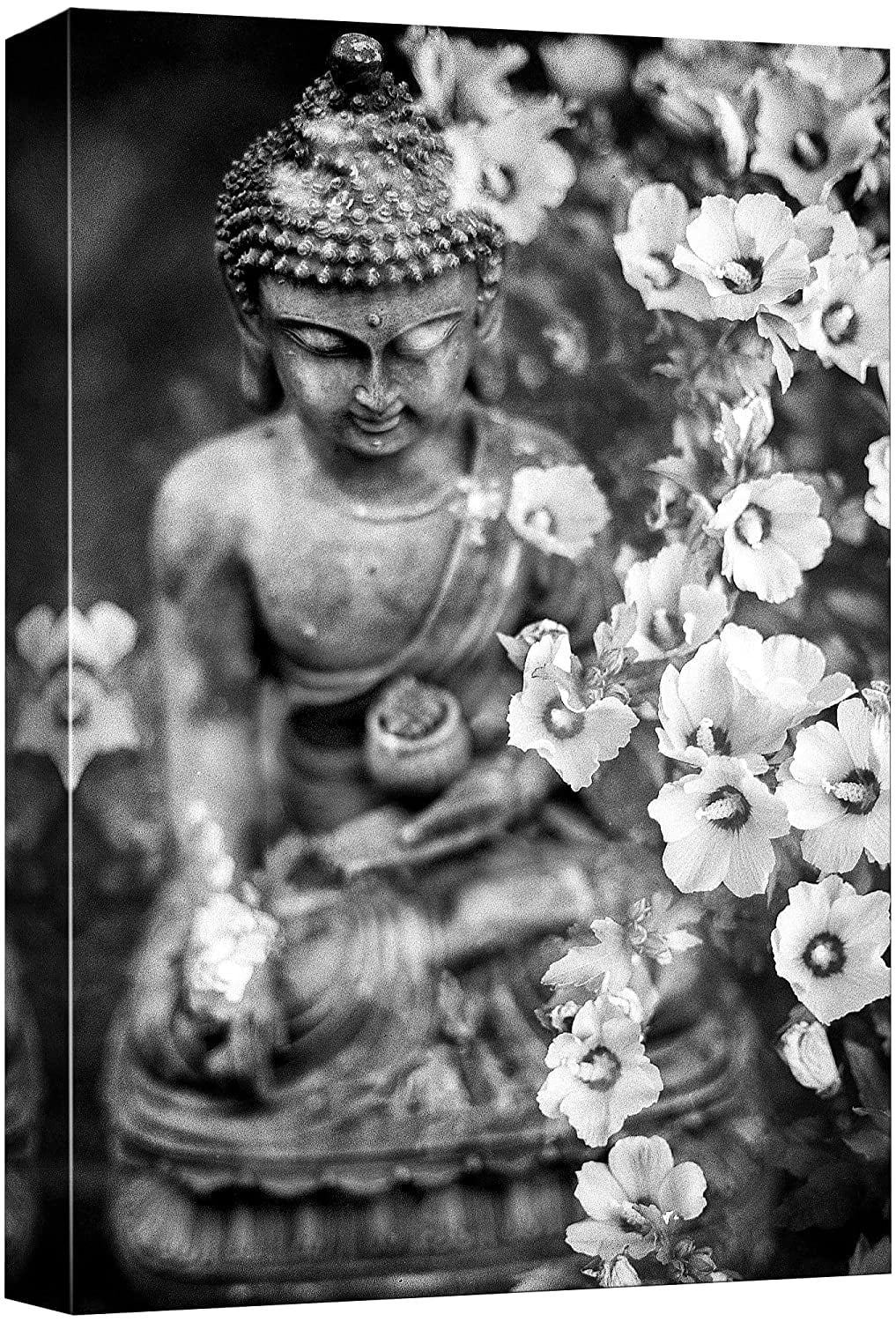 Black and White Buddha Statue with Lily Flowers Canvas Print