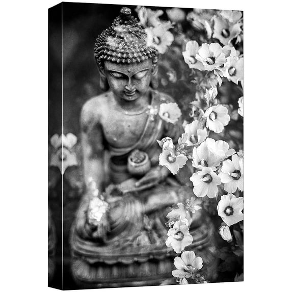 wall26 Canvas Print Wall Art Black &amp; White Buddhism Buddha Statue Lily Flower Nature Religious Photography Realism Decorative Yoga Multicolor Relax/Calm Zen for Living Room, Bedroom, Office - 32&