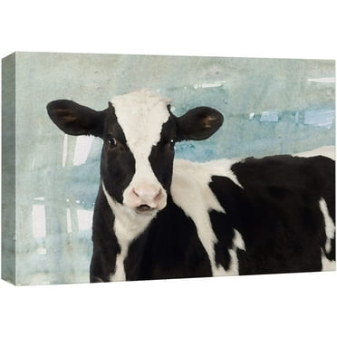 wall26 Canvas Print Wall Art Black &amp; White Cow on Blue Watercolor Background Animals Wildlife Digital Art Realism Rustic Scenic Nature Photography Colorful for Living Room, Bedroom, Office - 32&q