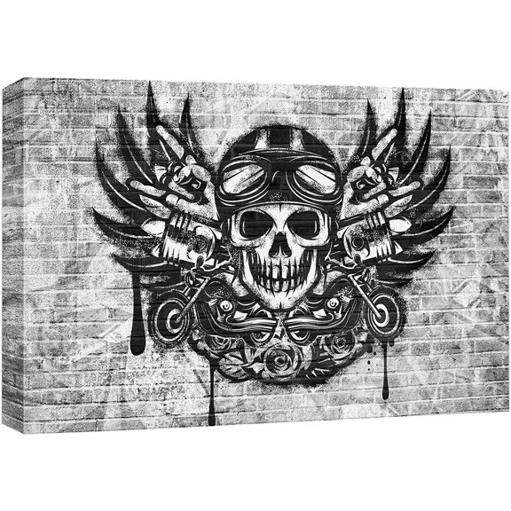 wall26 Canvas Print Wall Art Black & White Spray Paint Motorcycle Rider Skull Graffiti & Street Art Urban Illustration Modern Art Dark Scenic for Living Room, Bedroom, Office - 12"x18&qu