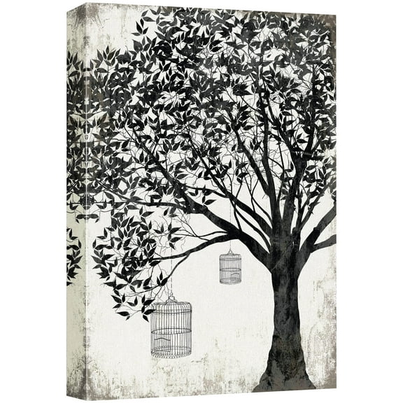 wall26 Canvas Print Wall Art Black &amp; White Tree on Rustic Background with Bird Cages Nature Plants Digital Art Modern Art Rustic Dramatic Dark Duotone for Living Room, Bedroom, Office - 24"x