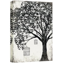 wall26 Canvas Print Wall Art Black & White Tree on Rustic Background with Bird Cages Nature Plants Digital Art Modern Art Rustic Dramatic Dark Duotone for Living Room, Bedroom, Office - 24"x