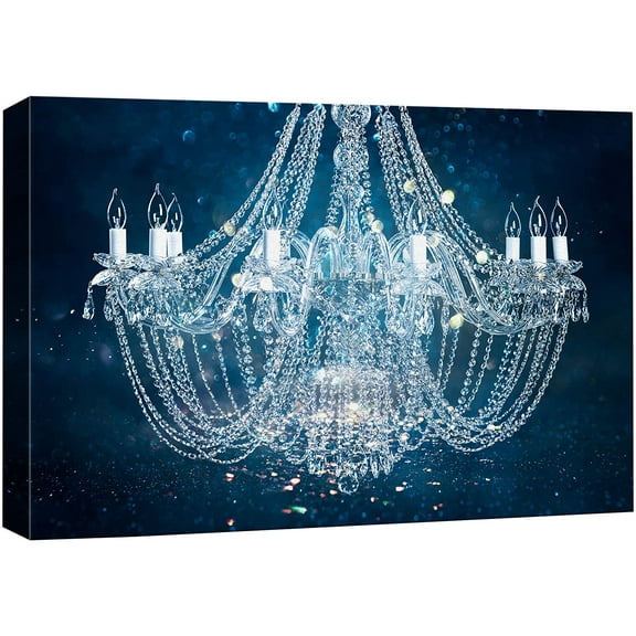 wall26 Canvas Print Wall Art Blue Glitter Fancy White Crystal Chandelier Decorative Lights Digital Art Realism Stylish Zen Chic Contemporary Boho for Living Room, Bedroom, Office - 12"x18"