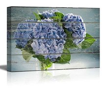 wall26 Canvas Print Wall Art Blue Hydrangea Bouquet Close Up Nature Floral Wood Panels Photography Rustic Scenic Colorful Multicolor Cool Zen for Living Room, Bedroom, Office - 16"x24"