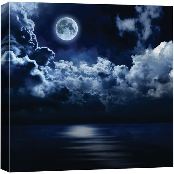wall26 Canvas Print Wall Art Blue Majestic Moon Over The Ocean Astronomy &amp; Space Sky Digital Art Modern Art Global Scenic Colorful Multicolor for Living Room, Bedroom, Office - 12"x12"