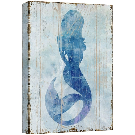 wall26 Canvas Print Wall Art Blue Mermaid Silhouette on Wood Panels Fantasy &amp; Sci-Fi Ocean Illustrations Modern Art Rustic Scenic Relax/Calm Multicolor for Living Room, Bedroom, Office - 12"