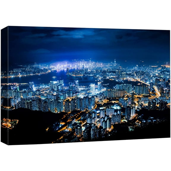 wall26 Canvas Print Wall Art Blue Neon Lights Hong Kong Night Architecture Cityscape Photography Realism Rustic Scenic Landscape Modern Relax/Calm Colorful for Living Room, Bedroom, Office - 16&quot;