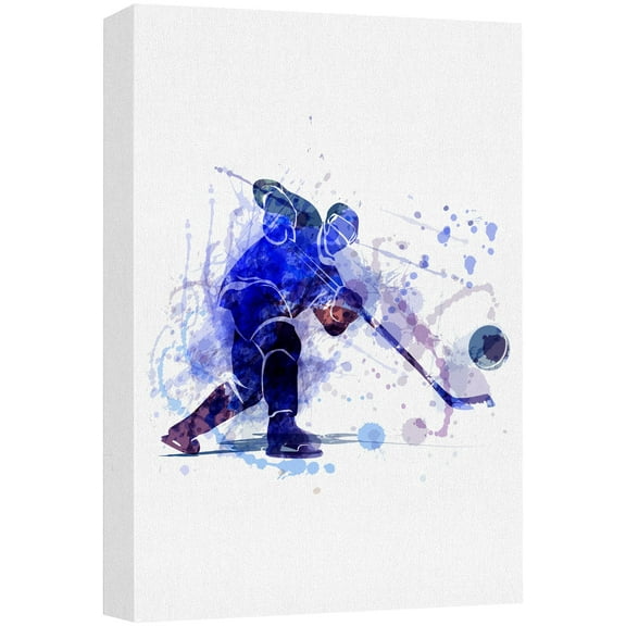 wall26 Canvas Print Wall Art Blue Watercolor Explosion Hockey Player Sports Athletes Digital Art Modern Art Rustic Scenic Urban Exercise Colorful for Living Room, Bedroom, Office - 16"x24"