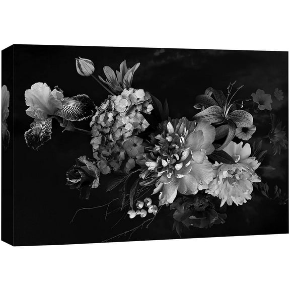 wall26 Canvas Print Wall Art Bouquet of Iris, Peony &amp; Lily Flowers Floral Plants Photography Modern Art Rustic Closeup Dramatic Duotone Dark Black and White for Living Room, Bedroom, Office - 16&