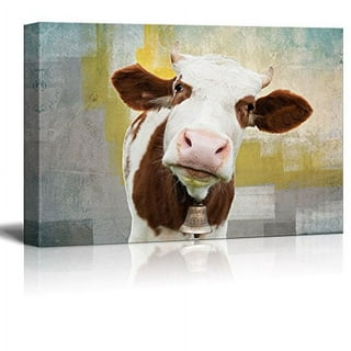 Canvas Print, Yellow Animal Portrait, Cute, Vintage Cow Wall Art Decoration  12x12 inches 