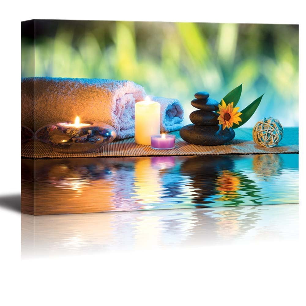 wall26 Canvas Print Wall Art Candles and Towels with Black Zen Stones and  Orange Daisy Nature Floral Photography Realism Rustic Colorful Multicolor  Ultra for Living Room, Bedroom, Office 16quot;x2