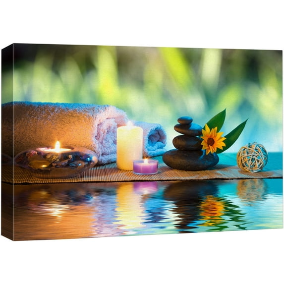 wall26 Canvas Print Wall Art Candles and Towels with Black Zen Stones and Orange Daisy Nature Floral Photography Realism Rustic Colorful Multicolor Ultra for Living Room, Bedroom, Office - 16"x2