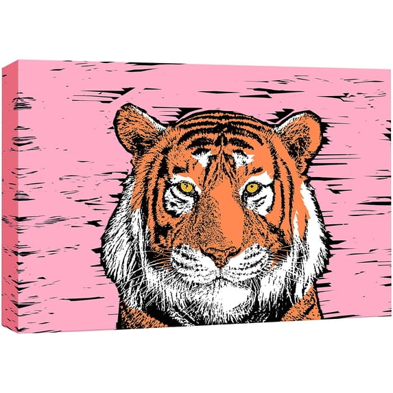 wall26 Canvas Print Wall Art Cartoon Style Tiger on Pink Background Graffiti & Street Art Nature Illustrations Pop Art Animals Multicolor Dark for Living Room, Bedroom, Office - 16"x24"