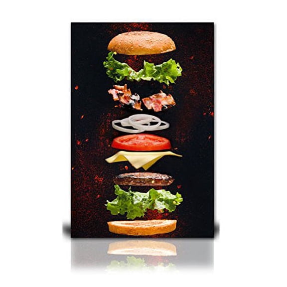 wall26 Canvas Print Wall Art Cheeseburger Ingredient Floating Explosion Food Culinary Photography Modern Rustic Scenic Multicolor Colorful for Living Room, Bedroom, Office - 24"x36"