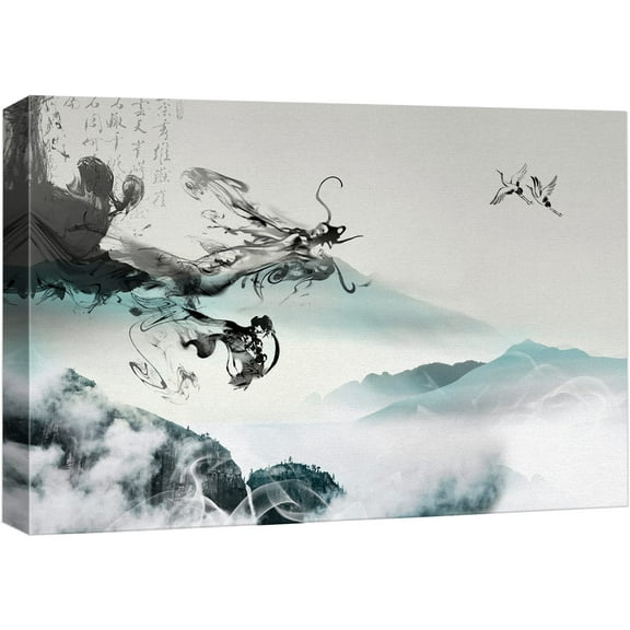 wall26 Canvas Print Wall Art Chinese Ink Smoke Dragon and Mountains Nature Wilderness Illustrations Modern Rustic Scenic Multicolor Colorful for Living Room, Bedroom, Office - 12"x18"