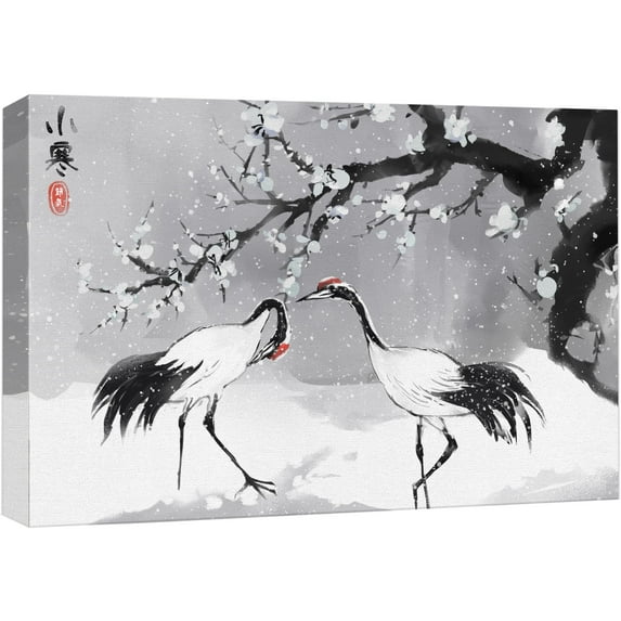 wall26 Canvas Print Wall Art Chinese Ink Winter Cranes and Cherry Blossoms Nature Wilderness Illustrations Modern Rustic Scenic Multicolor Colorful for Living Room, Bedroom, Office - 24"x36"