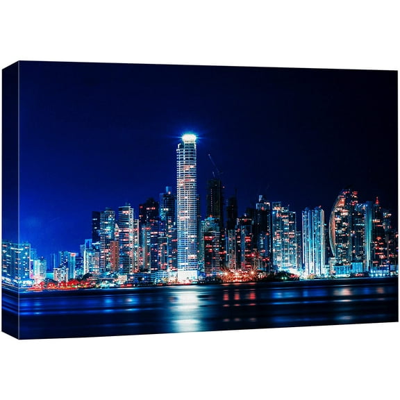 wall26 Canvas Print Wall Art City Lights Night Panama Canal Architecture Cityscape Photography Realism Rustic Scenic Landscape Modern Relax/Calm Colorful for Living Room, Bedroom, Office - 12&quot;x1