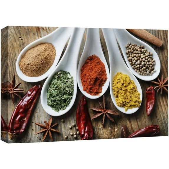 wall26 Canvas Print Wall Art Close Up View of Seasonings with Star Anise &amp; Peppers Fruit Food Photography Realism Chic Scenic Colorful Multicolor Ultra for Living Room, Bedroom, Office - 24"