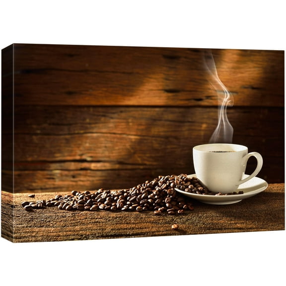 wall26 Canvas Print Wall Art Coffee Cup and Beans on Wooden Background Food Culinary Photography Modern Rustic Scenic Multicolor Colorful for Living Room, Bedroom, Office - 16"x24"